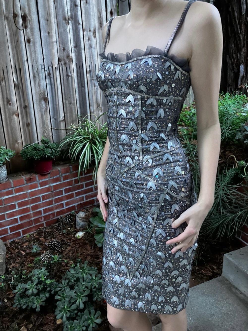Mandalay Formal Midi Slip Dress with Sheer Scalloped Trim
